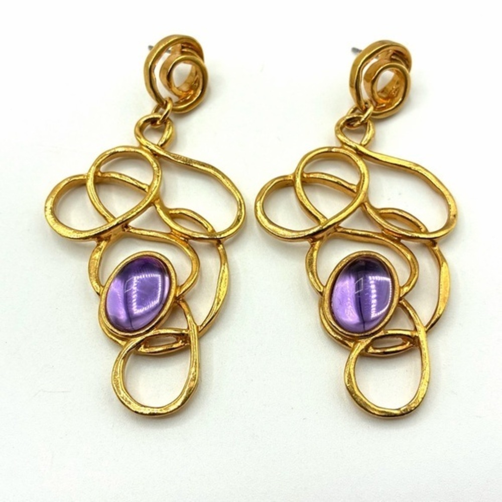 Vintage Avon Golden Web Purple Lucite Cabochon Dangle Modernist Style Earrings